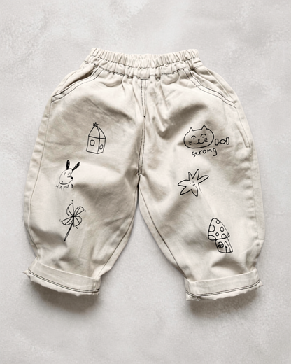 Happy Doodles Ivory Denim Pants
